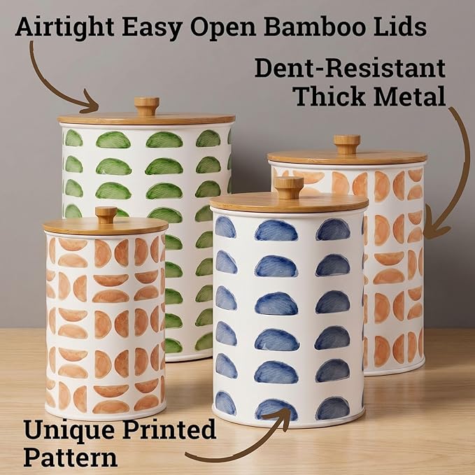 Kitchen Canisters for Countertop Set of 4 - Patterned Iron Kitchen Canisters with Airtight Lids - Flour Sugar Canister Set - Flour and Sugar Containers Farmhouse - Coffee Jar for Counter - White Jar
