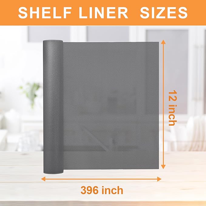 FLPMIX Non-Adhesive Kitchen Cabinet Liner: Waterproof Easy to Cut Small Drawer Shelf Liners - Clear Refrigerator Mat for Cupboard Pantry Shelves - Translucent Grey 12" x 396"