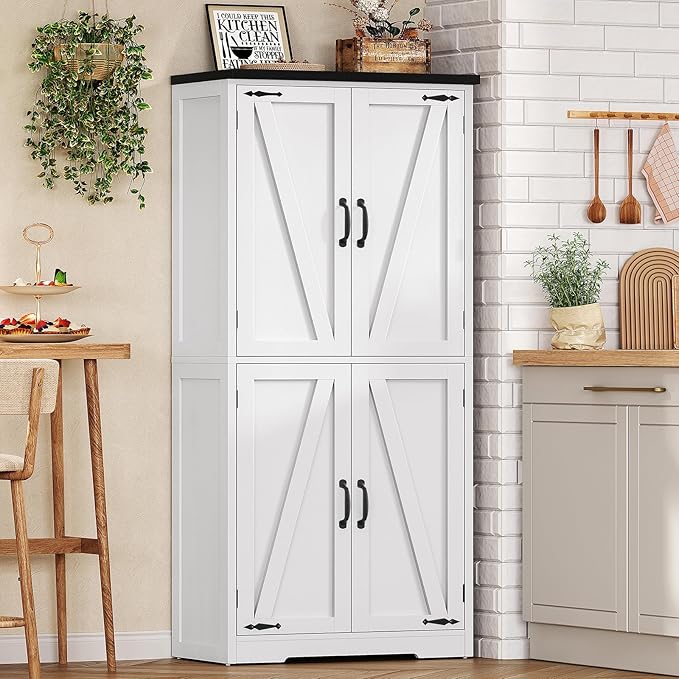 TEENFON 58" H Storage Cabinet with Adjustable Shelf, Farmhouse Kitchen Pantry Cabinet, Bathroom Cabinet with 4 Doors, Cupboard for Kitchen, Bathroom, Living Room, White