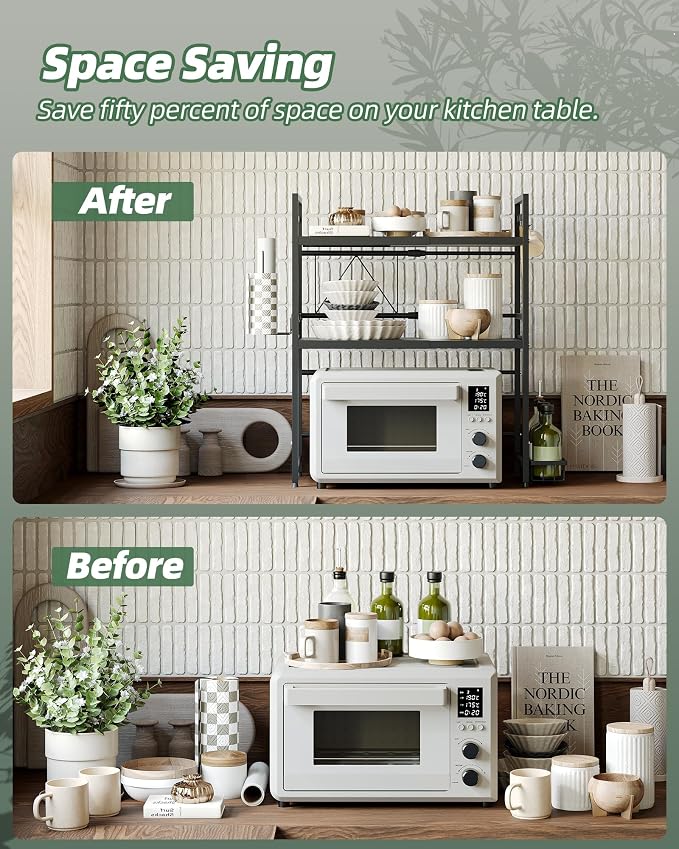 NETEL Expandable Microwave Stand,3 Tier Metal Kitchen Countertop Organizer Shelves with Paper Towel Holder and Baskets,Bakers Rack,Microwave Shelf,Microwave Oven Rack,110lbs Weight Capacity