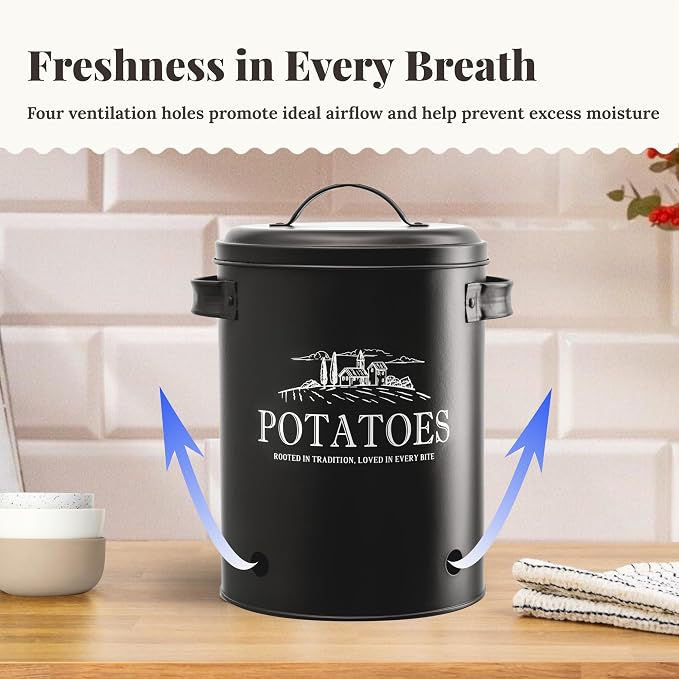 noonberry Potato and Onion Storage Bin Set – 3-Piece Ventilated Potato Storage Bin, Onion Storage Container and Garlic Container – Matte Black Finish