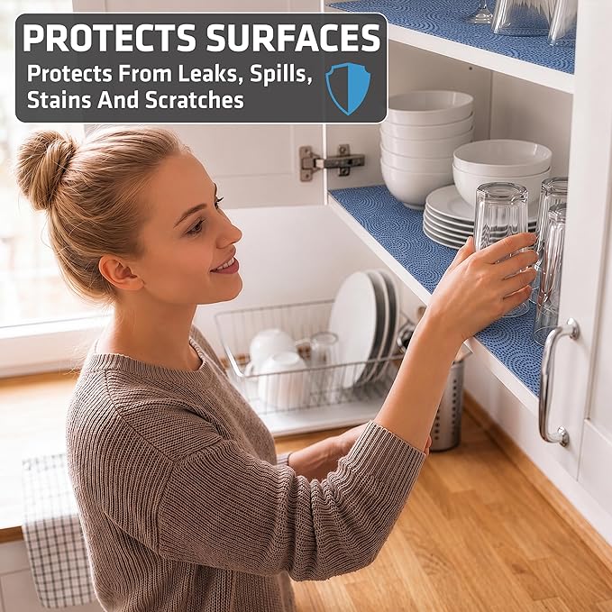 Drymate Premium Luxury Shelf & Drawer Liner, Thick Cushioned Fabric, Non-Adhesive, Absorbent, Waterproof, Slip-Resistant, Liners for Kitchen Cabinets, Cupboards (USA Made)(12”x59”)(24-Pack)(Blue)