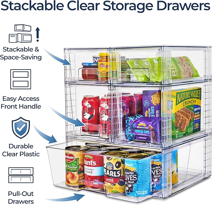 Sorbus Stackable Clear Storage Drawers, 5 Pack (1 Wide + 2 Medium + 2 Small) Pull-Out Organizer Bins – Plastic Drawer Organizers for Bathroom, Vanity, Makeup, Under Sink & Countertop Organization