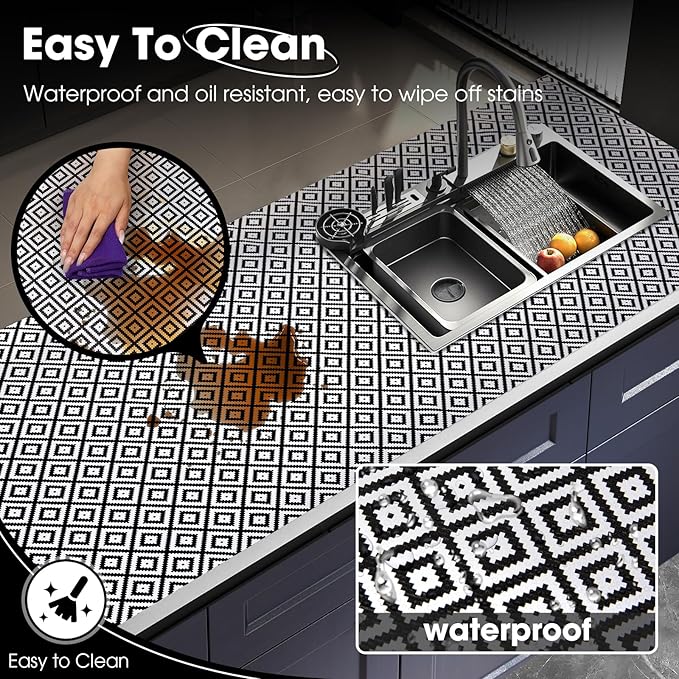 Drawer and Shelf Liner, Non-Slip Kitchen Cabinet Liners Non-Adhesive Thick Strong Grip Waterproof Washable Mats Protect Dresser Shelves Cupboard Bathroom Cabinets, Black & White, 18 in X 10 FT