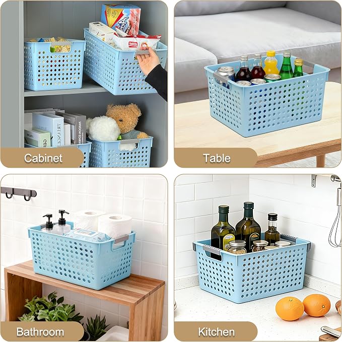 Soddeph 4 Pack Plastic Deep Storage Basket with Handles, Cubbies Organizer Bins with Hollow Design for Under Counter, Closet, Kitchen or Bathroom 12.3" × 8.7" × 6.9" (Blue, Medium)