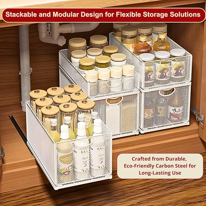 Pull Out Drawers for Cabinets Stackable or Single, Pull Out Cabinet Organizer Adhesive, Cabinet Drawers Slide Out, Extra Rails, for Sink Pantry Shelve