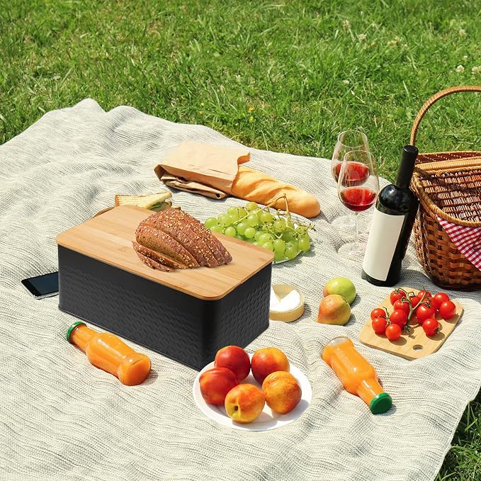 Phyllia Bread Box, Metal Bread Storage Container with Bamboo Lid Usable as Cutting Board, Breadbox Holder for Kitchen Countertop, 13 x 7 x 5.3 inch (Black)