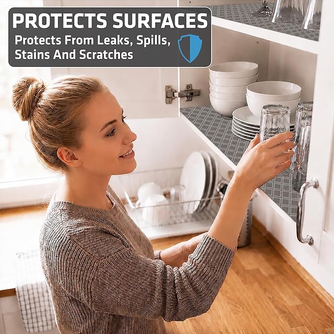 Drymate Premium Luxury Shelf & Drawer Liner, Thick Cushioned Fabric, Non-Adhesive, Absorbent, Waterproof, Slip-Resistant, Liners for Kitchen Cabinets, Cupboards (USA Made)(12”x59”)(2-Pack)(Taupe)
