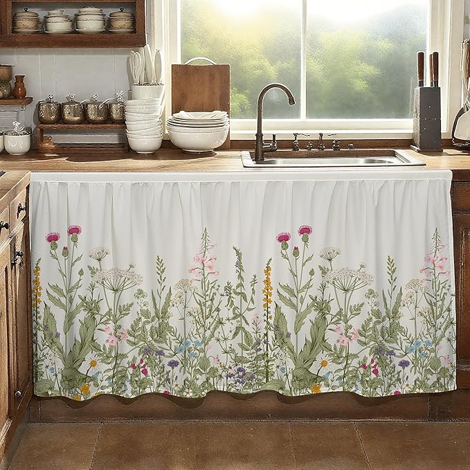 MUGINYU Cabinet Curtains 28" W x 51" L Sink Skirt for Bathroom,Floral Botanical Flower Short Curtains for Kitchen &Classroom,Boho Spring Colorful Leaves Closet Dishwasher Curtain with Velcro