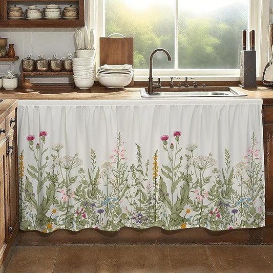MUGINYU Cabinet Curtains 28" W x 51" L Sink Skirt for Bathroom,Floral Botanical Flower Short Curtains for Kitchen &Classroom,Boho Spring Colorful Leaves Closet Dishwasher Curtain with Velcro