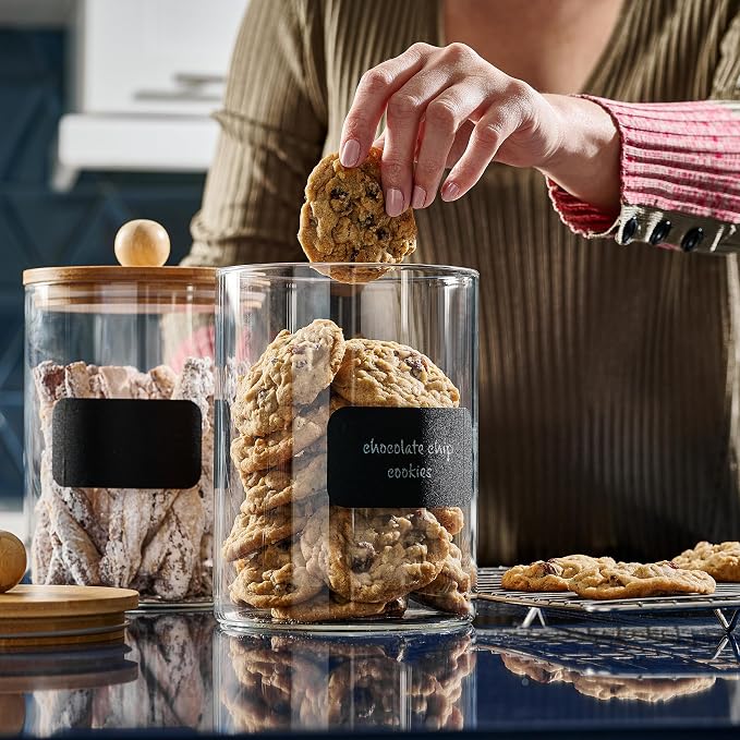 Le'raze 1 Gallon Glass Canister Set for Kitchen Counter with Airtight Bamboo Lids + Marker & Labels - of 2 Large Cookie Jars Wooden Lid, Food Storage Containers Pantry, Flour, Sugar, Pasta, Candy,