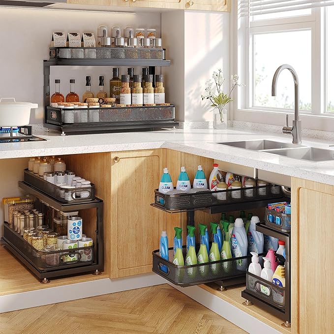 2-Pack 21.3 IN Depth Under Sink Organizer With Next-Gen Ball-Bearing Slides,Sophisticated Mesh 2-Tier Pull Out Shelf for Kitchen & Bathroom,Fits Small Items-Black