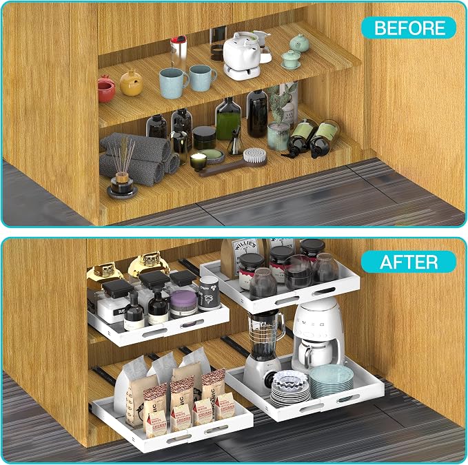 Expandable Pull Out Cabinet Organizer 17" Deep, Adhesive Pull Out Drawers For Cabinets 13.4"W - 19.7"W，No Drill Pull Out Cabinet Organizer Expandable, Expandablet Drawer For Kitchen, Pantry, Bathroom