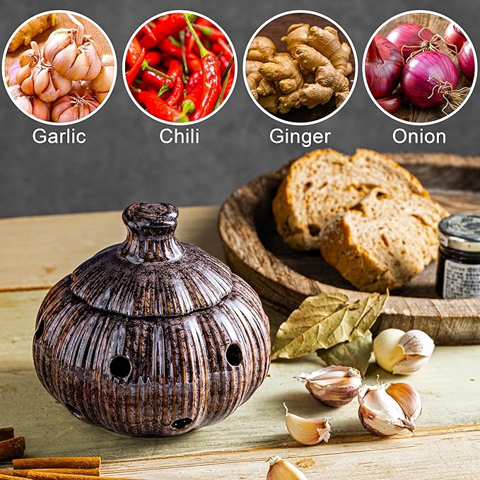 Ceramic Garlic Keeper with Lid, Large Garlic Storage Pod, Garlic Container for Kitchen Counter