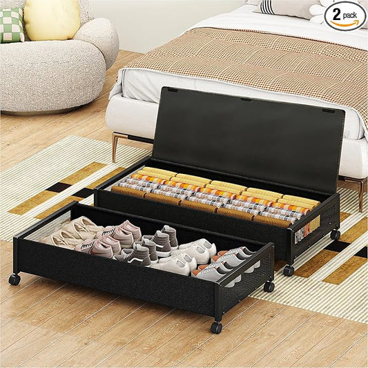 Fokyfok 2 Pack Under the Bed Storage Containers,36 inch Long Underbed Storage with Wheels,7.3 inch Height Under Bed Shoe Storage,Large Rolling under bed Clothes Storage Drawers with Lid for Dorm,Black