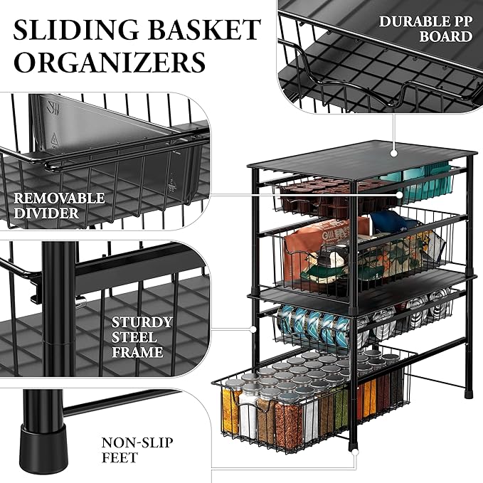Simple Houseware Stackable Sliding Basket Organizer Drawer, Black, 2-Tier