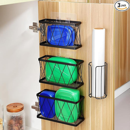 YIGII 3 Pack Adhesive Cabinet Organizer - Pantry Door Organizer Bin Holder for Tupperware Lid Kitchen, Black Stainless Steel