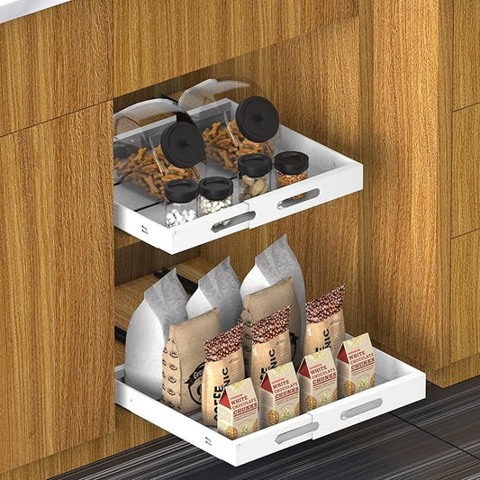 Expandable Pull Out Cabinet Organizer 21" Deep, Adhesive Pull Out Drawers For Cabinets 12.6"W - 20.5"W, No Drill Pull Out Cabinet Organizer Expandable, Expandablet Drawer For Kitchen, Pantry, Bathroom