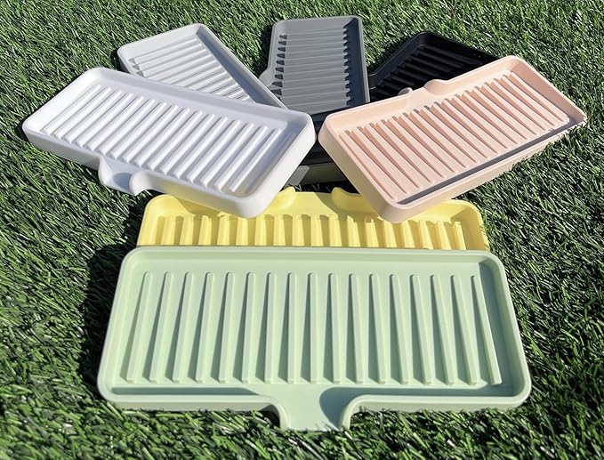 Silicone Soap Dish Tray and Sponge Holder with Drain Chute, Rectangular, Kitchen and Bathroom Sink Organizer (Black, 9"x3.5")