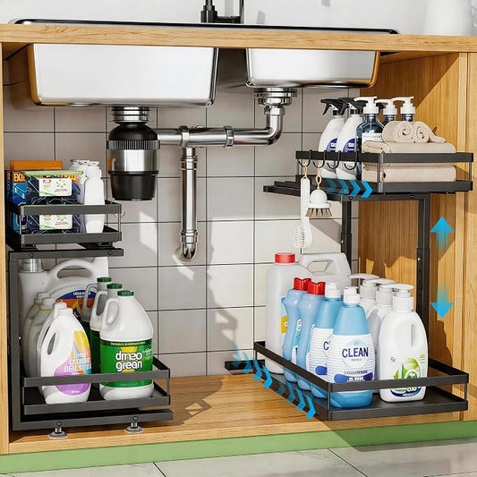 2 Pack Under Sink Organizers and Storage, Heavy Duty Metal Pull Out Cabinet Organizer with Ball-Bearing Slides, Height Adjustable L-Shaped Shelf for Kitchen & Bathroom (2-Pack)