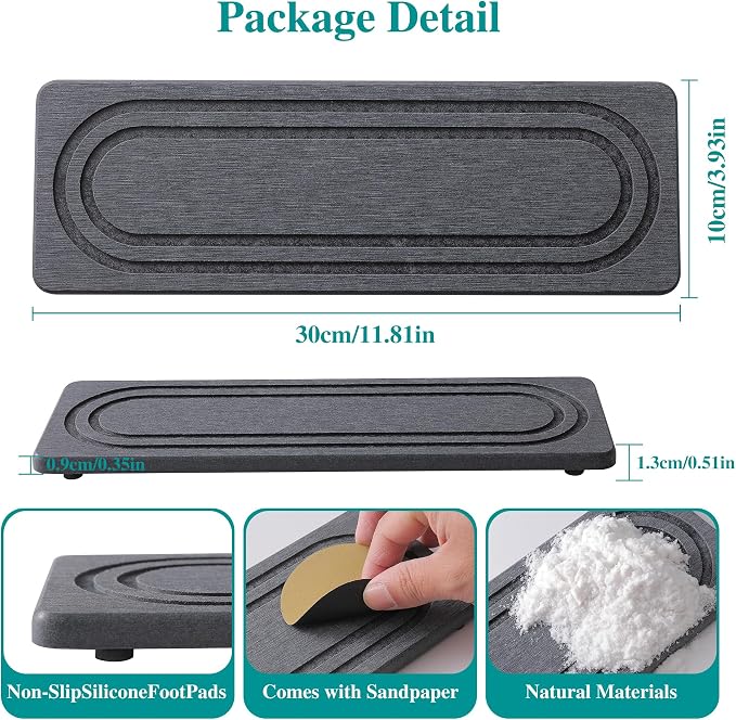 2PCS Water Absorbing Stone Tray for Sink, Quick Drying Diatomite Bathroom Tray Countertop, Stone Drying Mat for Kitchen Counter Faucet, Soap Dish Dispenser Vanity Organizer, Dark Gray-11.8" x 4"