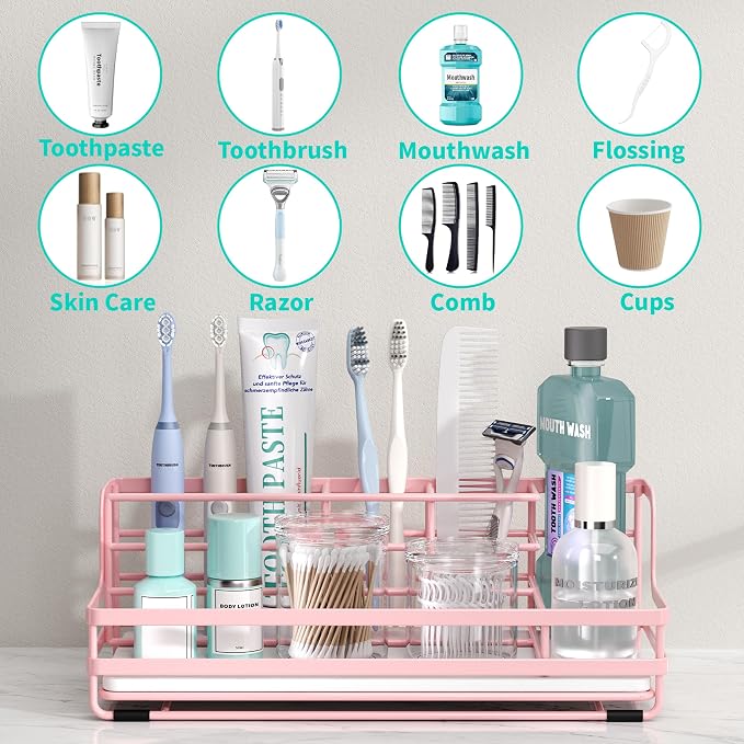 HapiRm Toothbrush Holders for Bathroom - 5 Partitions Bathroom Counter Organizer with Instant Drying Stone, Stainless Steel Countertop Storage Electric Toothbrush Toothpaste Holder - Pink