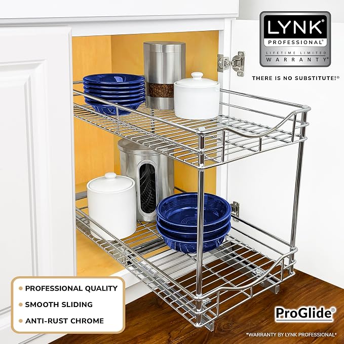 LYNK PROFESSIONAL® Pull Out Cabinet Organizer - 11" x 21" - Slide Out Cabinet Organizer for Kitchens - Sliding Shelves - Pull Out Drawer, Pots and Pans Storage - Lifetime Ltd Warranty - 2 Tier