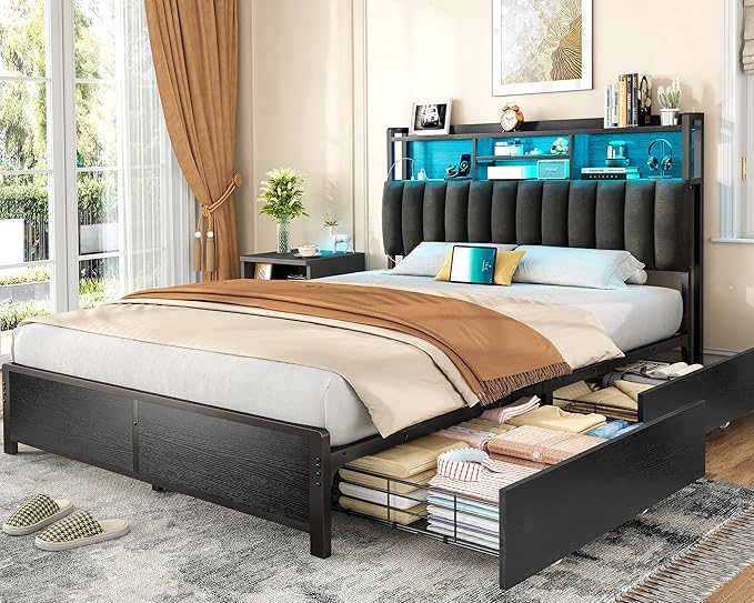 TEENFON Queen Bed Frame with 4 Storage Drawers and LED Lights, Upholstered Headboard with Shelves and Built in Charging Station, Metal Platform Noise-Free/No Box Spring Needed, Black