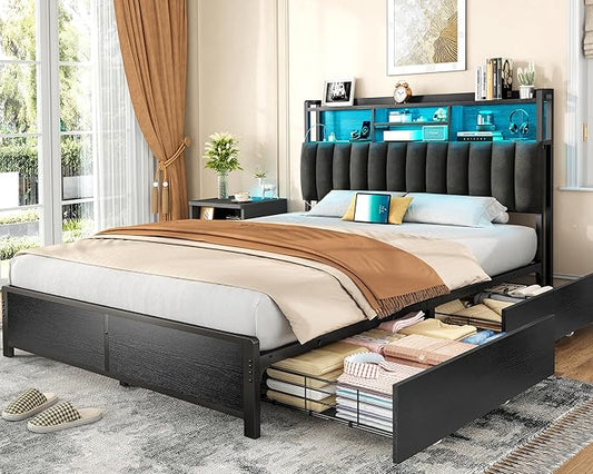 TEENFON Queen Bed Frame with 4 Storage Drawers and LED Lights, Upholstered Headboard with Shelves and Built in Charging Station, Metal Platform Noise-Free/No Box Spring Needed, Black