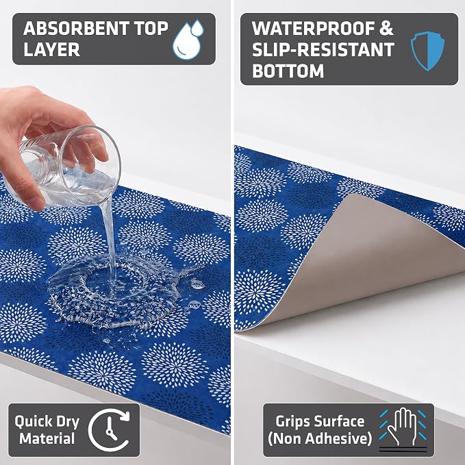 Drymate Premium Luxury Shelf & Drawer Liner, Thick Cushioned Fabric, Non-Adhesive, Absorbent, Waterproof, Slip-Resistant, Liners for Kitchen Cabinets, Cupboards (USA Made)(12”x59”)(24-Pack)(GoodBlue)