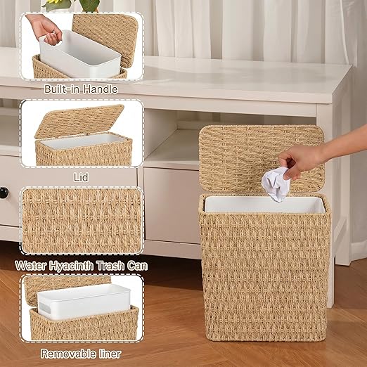 iEGrow Paper Rope Trash Can,Bathroom Trash Can with Lid, 3 Gallon Wicker Waste Basket with Removable Liner, for Bedroom, Living Room, Toilet, Under Sink Natural
