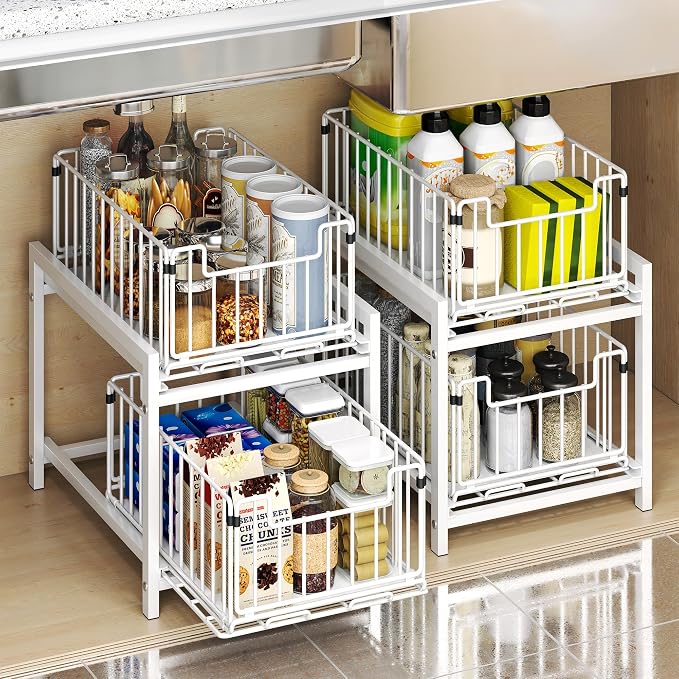 Romorgniz 1 Pack Pull-Out Storage Organizers, 2-Tier Sliding Under Sink Organizers For Kitchen and Bathroom, Metal Shelf Cabinet Organziers, White