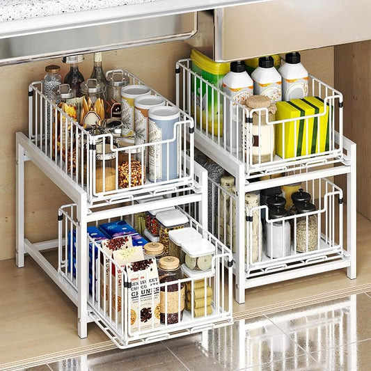 Romorgniz 1 Pack Pull-Out Storage Organizers, 2-Tier Sliding Under Sink Organizers For Kitchen and Bathroom, Metal Shelf Cabinet Organziers, White