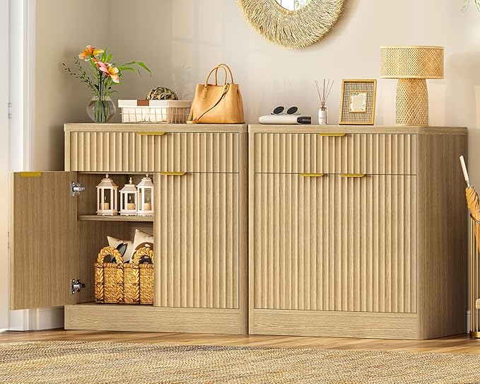 TEENFON 31.5" W Storage Cabinet with Drawer and Adjustable Shelf, Coffee Bar Cabinet, Fluted Sideboard Buffet Cabinet with 2 Doors for Living Room, Kitchen, Entryway, Natural