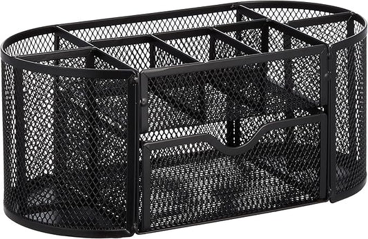 Amazon Basics Mesh Desk Organizer with Pen Holder, Pullout Drawer and Office Caddy Storage, 9.25" x 4.53" x 3.94", Black