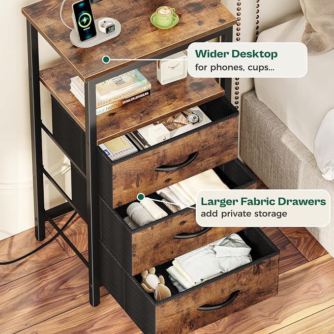 Huuger Night Stand with Charger Station and LED Lights, 3 Drawer Nightstand, Bed Side Table with Open Shelf, End Table, Tall Fabric Dresser for Bedroom, Rustic Brown