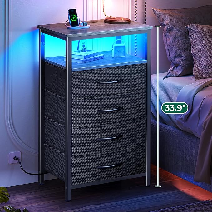 Huuger Night Stand with Charger Station and LED Lights, 4 Drawer Nightstand, Bed Side Table with Open Shelf, End Table, Fabric Dresser for Bedroom, Grey