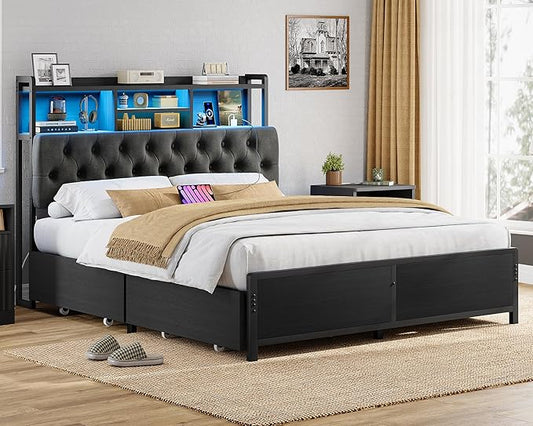TEENFON Full Size Bed Frame with Storage 4 Drawers & LED Lights, Upholstered Headboard with Shelves and Built in Charging Station, Metal Platform Noise-Free/No Box Spring Needed, Black