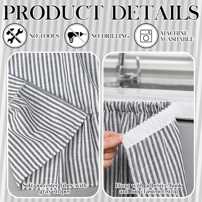 VitalCozy Cabinet Curtain 35" W X 35" L Sink Skirt for Bathroom Kitchen Grey Ruffles Spring Short Curtain for Home Classroom Farmhouse Rustic Drape Under Desk Privacy Drape for Laundry Room