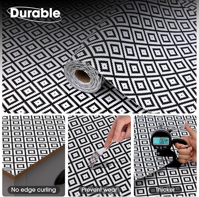 Drawer and Shelf Liner, Non-Slip Kitchen Cabinet Liners Non-Adhesive Thick Strong Grip Waterproof Washable Mats Protect Dresser Shelves Cupboard Bathroom Cabinets, Black & White, 24 in X 10 FT