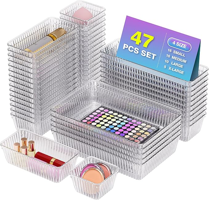 47 PCS Clear Plastic Drawer Organizer Set - 4 Sizes Makeup Organizer Desk Drawer Divider Bathroom Organizers and Storage Bins for Makeup, Jewelry, Gadgets, Office, Kitchen, Bedroom, Bathroom