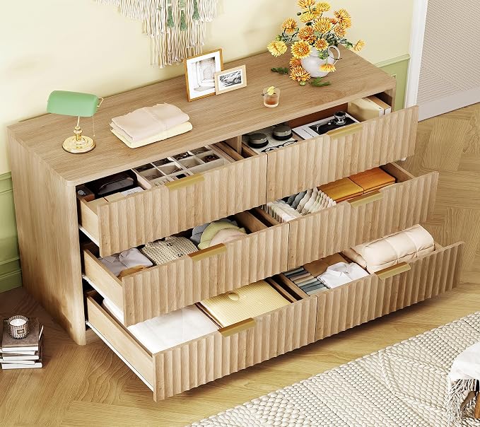 TEENFON Fluted 6 Drawer Dresser for Bedroom, Wide Modern Chest of Drawers with Metal Handle, Curved Profile Design, Wood Closet Clothes Storage Organizer for Bedroom, Hallway, Natural