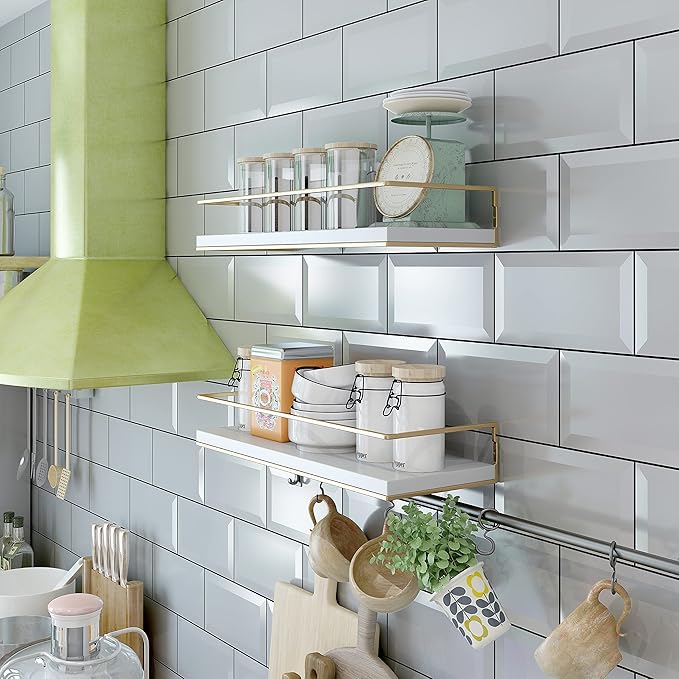 Shario White Floating Shelves - Set of 2, Wall Mounted Hanging Shelves with Golden Towel Rack, Decorative Storage Shelves for Bathroom, Kitchen, Living Room & Bedroom (White Gold, 15.7 Inches) | Hanging Shelves