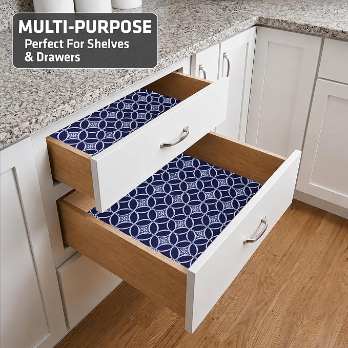 Drymate Premium Luxury Shelf & Drawer Liner, Thick Cushioned Fabric, Non-Adhesive, Absorbent, Waterproof, Slip-Resistant, Liners for Kitchen Cabinets, Cupboards (USA Made)(12”x59”)(2-Pack)(Indigo)