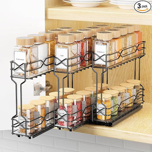 BOIVSHI Pull Out Spice Rack - Heavy Duty Vertical Spice Rack Pull Out, No Drill Install Spice Organizer for Cabinet, Inside Cabinet, Narrow Cabinet, 2.1" W×10.1" D×8.1" H, 3-Pack, Black